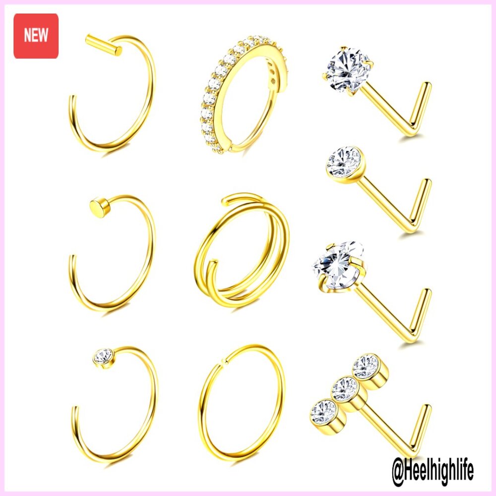 14k Gold Filled Nose Ring Studs 20g Hoops Stainless Steel Hypoallergenic 10pcs